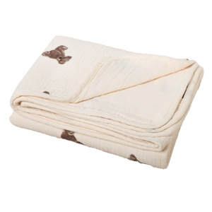 Thickened cotton baby swaddle blanket with brown bear print on creamy white gauze fabric