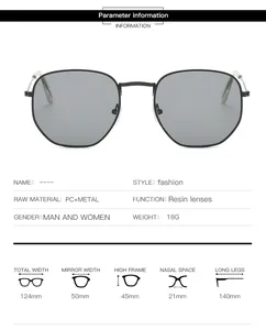 Detailed size chart infographic for small square sunglasses with PC and metal frames
