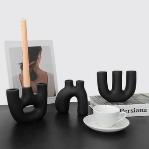 Portavelas geométricos modernos de cerámica negro mate para decoración de mesa nórdica