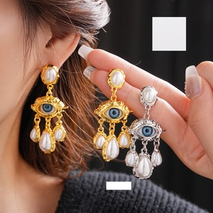 Vintage Evil Eye Dangle Earrings Alloy Imitation Artificial Pearl With Silver Earring Post French Baroque Style Jewelry For Women