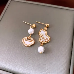 Asymmetric gold-plated gourd and ruyi lock earrings with pearls and zircon in Chinese style