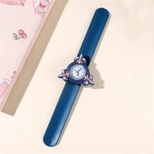 Kids cartoon rotating quartz snap watch with blue silicone strap and 3D airplane designs