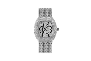 Detailed close-up of a silver fashion watch with crystal-encrusted bezel and artful dial