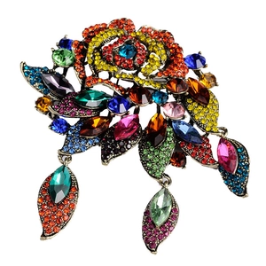 Elegant vintage Baroque floral brooch with colorful rhinestones and teardrop pendants