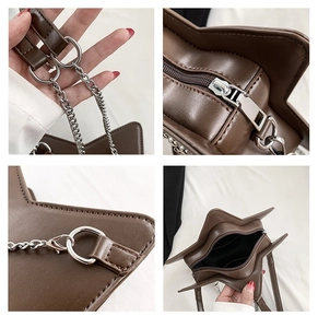 Detailed views of the brown star-shaped bag showing silver chain, zipper, and PU leather