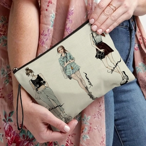 Trousse de maquillage beige avec imprimé fille tendance et dragonne pratique
