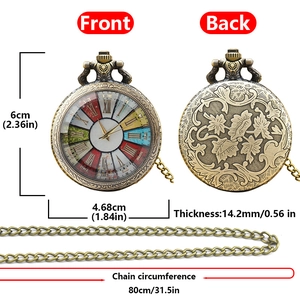 Detailed size chart showing front and back of bronze pocket watch with Roman numerals