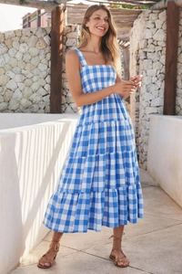 Detail of blue and white plaid tiered sun dress with a smocked bodice and open back