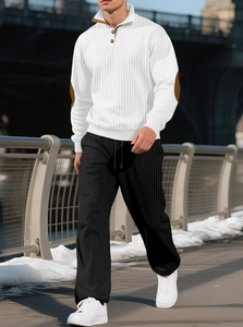Street-style macro view of men's white ribbed texture sweatshirt and brown elbow patch detail