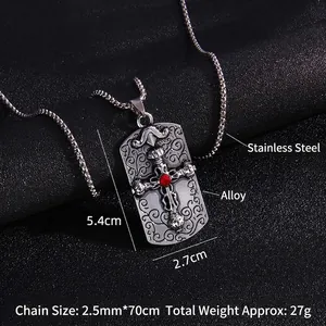 Collier hip hop en acier inoxydable avec plaque dog tag, relief croix et zircon rouge