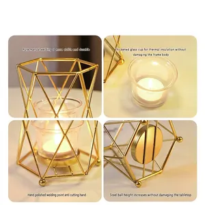 Nordic gold geometric iron candle holder with a thick glass cup for table decor