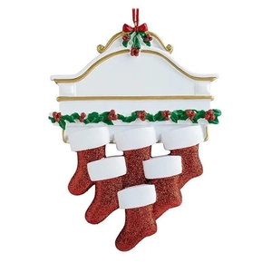 Personalized family Christmas mantel ornament with 5 red glitter stockings and nameplate
