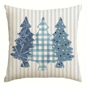 Housse de coussin de Noël en lin avec trois sapins décoratifs bleus et gris élégants