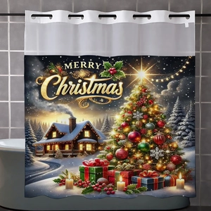 Double-layer Christmas shower curtain with hookless rings and festive winter cabin print