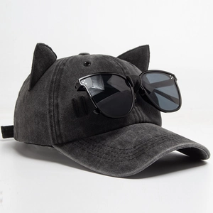 Black washed cotton baseball cap with cute cat ears and decorative black sunglasses