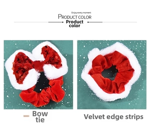 Detail of red sequin bow scrunchie and velvet hair tie with white plush trim for Christmas