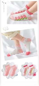 Close-up of pink and white mesh knit toddler socks featuring cute bunny and floral patterns