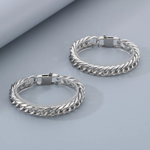 Polished silver stainless steel Cuban link bracelet with unique square clasp for men