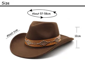 Detailed size chart showing 57-58cm circumference and 8cm brim of the felt cowboy hat