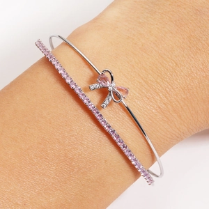Double Layer Platinum Plated Copper Bow Open Bangle Pink Zircon Cubic Zirconia Bracelet For Women Sweet Style