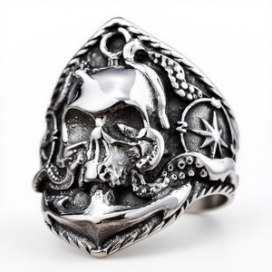 Macro shot of stainless steel nautical ring with skull, octopus and anchor details