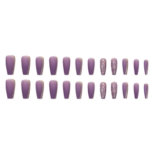 Matte grape purple ballerina press-on nails with shimmering gold glitter accents