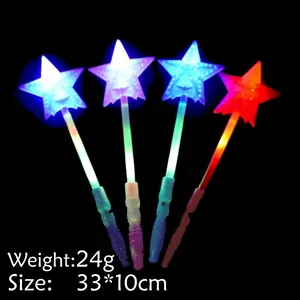 Macro detail of LED hollow star glow stick showing 33x10cm size and 24g weight specs