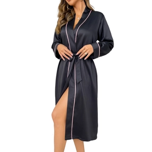 Women's black ice silk bathrobe with pink trim and waist tie in a minimalist design