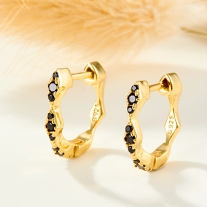 S925 sterling silver gold-plated geometric earrings with micro-pave black zircon stones