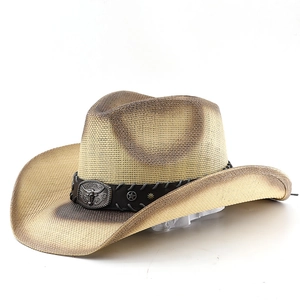 Cappello da cowboy classico in paglia con sfumatura vintage e fibbia in metallo a testa di toro