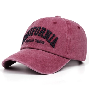 Close-up of burgundy washed cotton baseball cap with California 3D embroidery detail