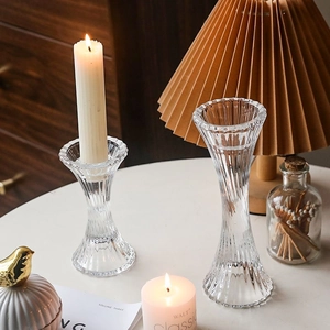 Nordic crystal glass candle holders with ribbed texture for elegant table decor