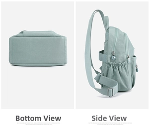 Detail view of lightweight green backpack showing base design and side drawstring pockets