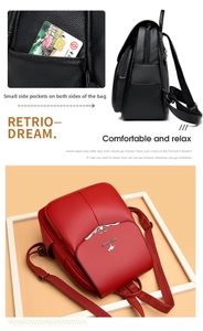 Close-up of side pocket design on leather backpack with metallic brand logo detail