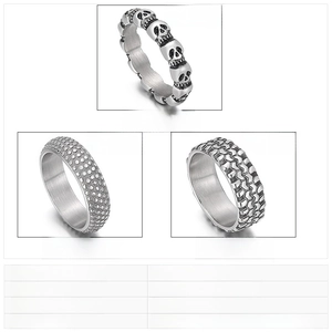 Detailed comparison of punk stainless steel skull, polka dot and tire texture rings for men