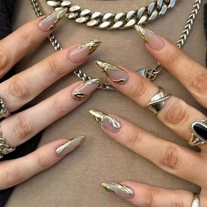 3D Gold Liquid Metal Press On Nails Long Almond Stiletto Shape Nude Pink Base Flame Design For Women Manicure Art