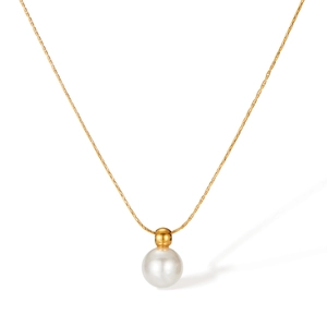 Minimalist gold chain necklace with a single white pearl pendant on a clean white background