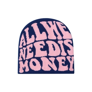 Detail of navy knit beanie showing pink text pattern and premium ribbed wool texture