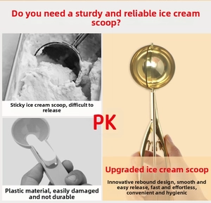 Macro view of golden stainless steel ice cream scoop with spring release mechanism