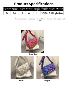 Detailed size specifications for the quilted down cotton shoulder bag in multiple colors