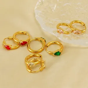 Boucles Oreilles Créoles Huggie Zircon Larme Acier Inoxydable Plaqué Or Pierre Gemme Colorée Mode Femmes