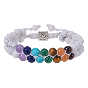 Detailed shot of double-layer malachite bracelet with Tree of Life charm and chakra stones
