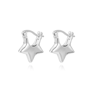 Polished silver star hoop earrings with a glossy mirror finish and hollow 3D design