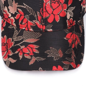 Ethnic baseball cap with red floral jacquard and gold embroidery on black twill