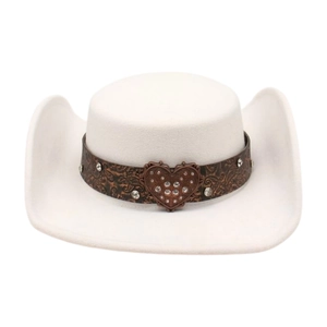 Chapeau fedora blanc vintage avec bande en cuir ethnique et boucle de cœur en cristal