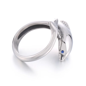 Adjustable S925 sterling silver dolphin ring for men with blue stone eyes in silver finish