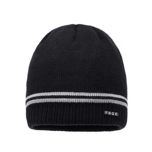 Warm winter knit beanie in black with double grey stripes and ear protection for skiing