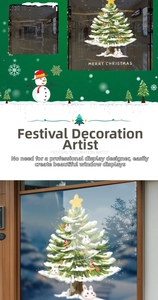 Detailed Christmas tree static window sticker with rabbit and candy cane decorations