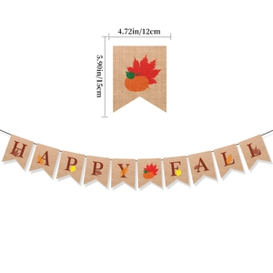 Happy Fall burlap banner with pumpkin and maple leaf patterns on a white background