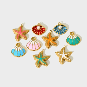 Detailed close-up of colorful enamel starfish and seashell pendants with pearl accents